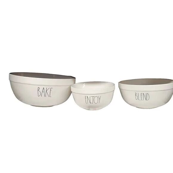 Rae Dunn White Black Set of 3 Bake Blend Enjoy Mixing Bowls - Picture 1 of 7